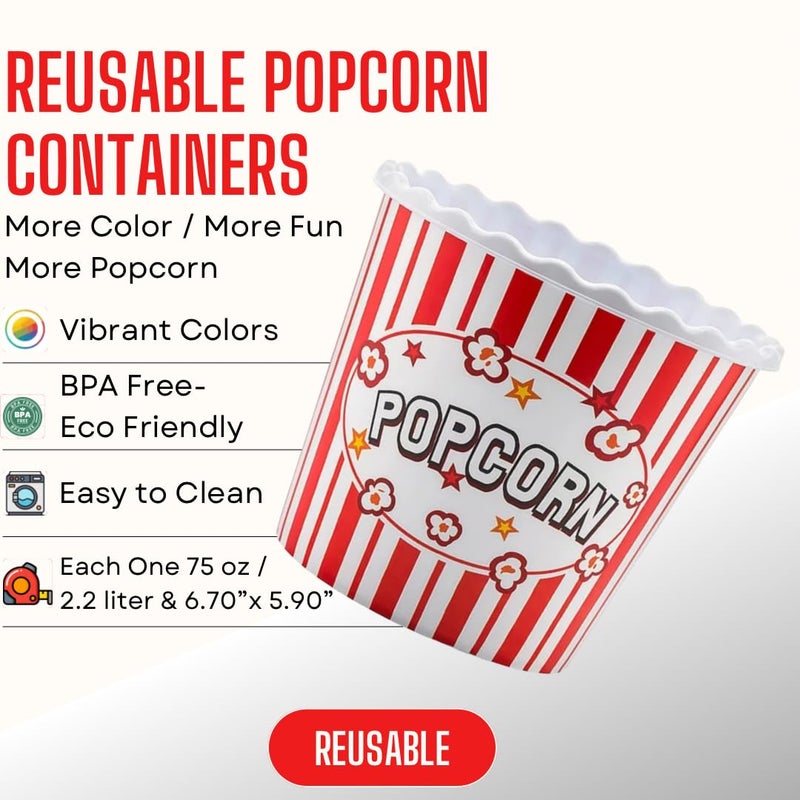 ONONEXPRESS Modern Style Reusable Plastic Popcorn Containers / Popcorn Bowls Set for Movie Theater Night - Washable in the Dishwasher - (BPA Free-4 Pack) (Color: Yellow, Brown, Red/White and Blue Popcorn Boxes) - Image 3